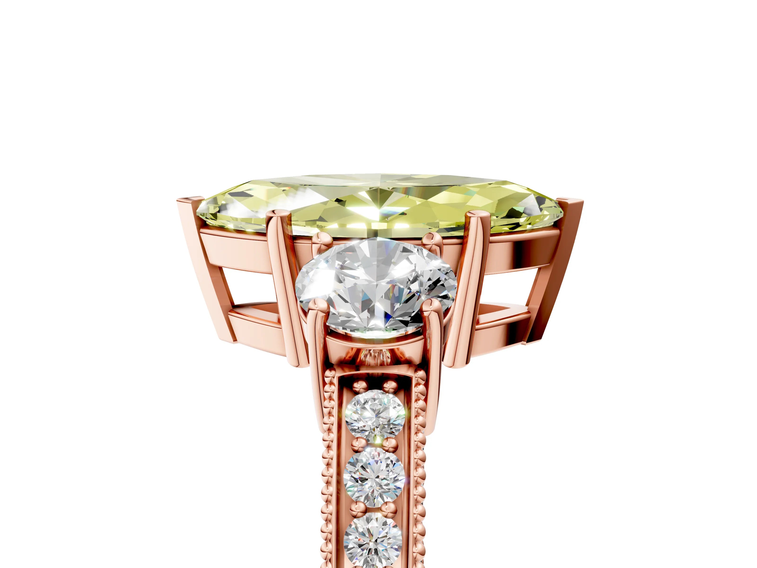 Rose gold Fancy Yellow Marquise Cut Three-Stone Diamond Ring with Pavé Band and Four-Prong Setting_5