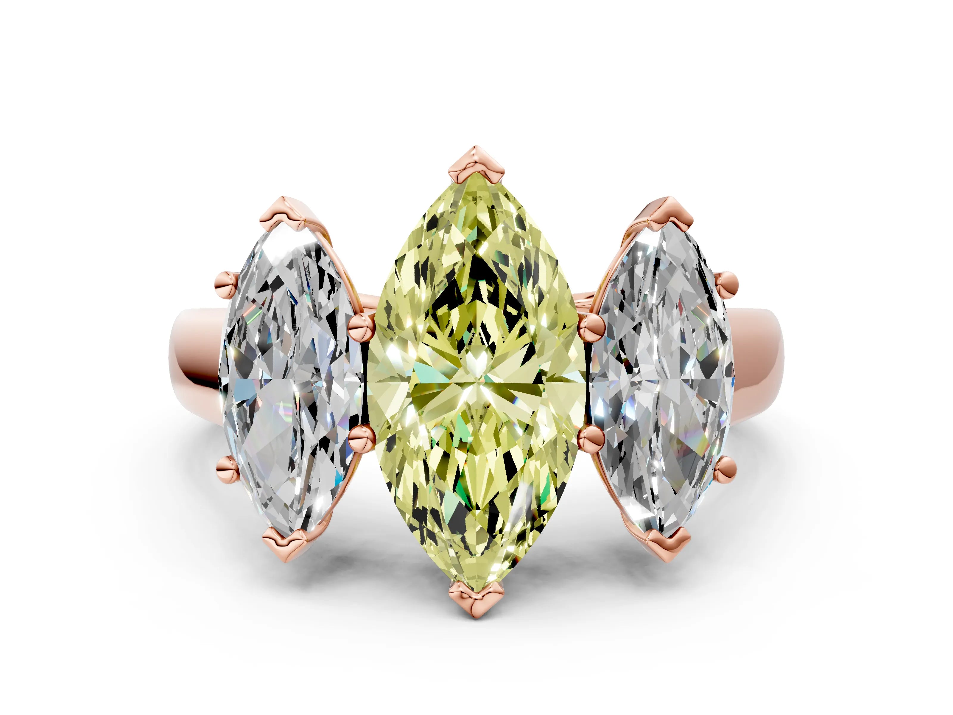 Rose gold Fancy Yellow Marquise Cut Three-Stone Diamond Ring with Prong Setting on a Classic Band