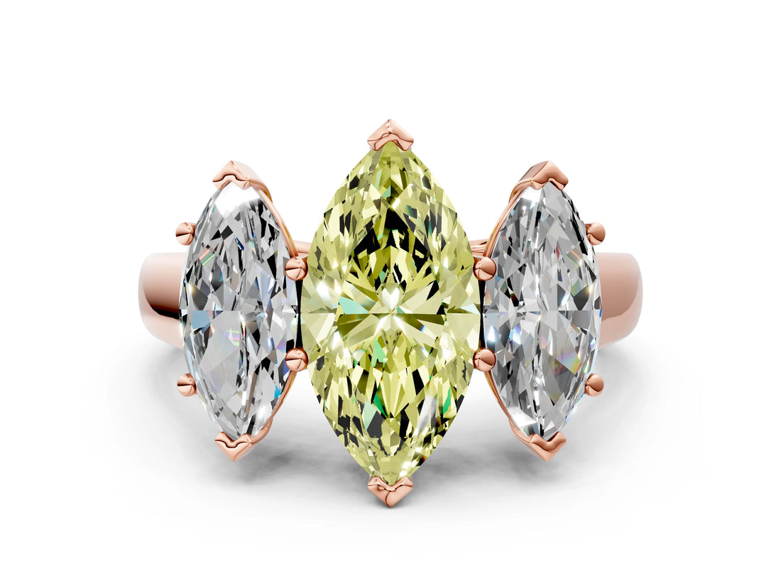 Rose gold Fancy Yellow Marquise Cut Three-Stone Diamond Ring with Prong Setting on a Classic Band_12