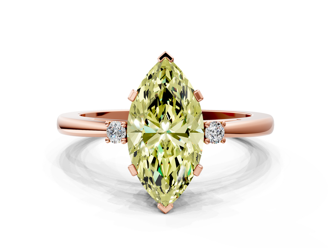 Rose gold Fancy Yellow Marquise  Cut Three-Stone Solitaire Ring with Round Accent Diamonds and Four-Prong Setting