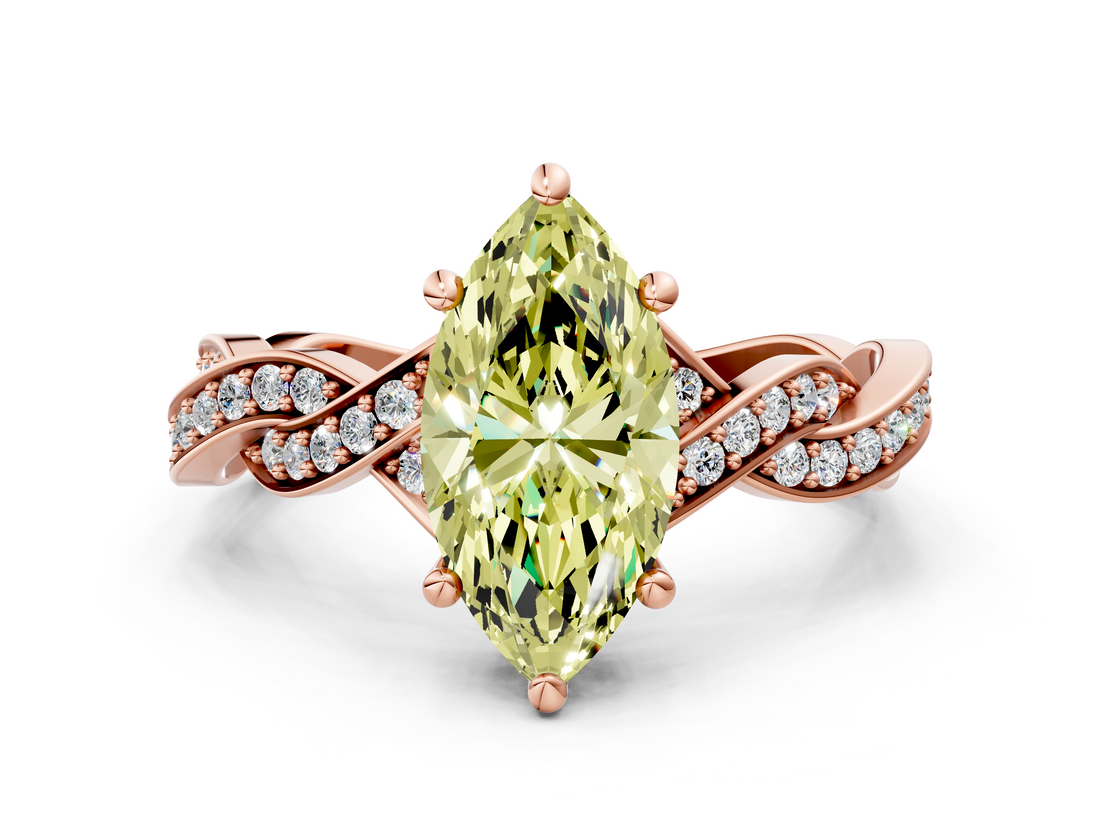 Rose gold Fancy Yellow Marquise  Cut Twisted Pavé Band Solitaire Ring with Four-Prong Setting