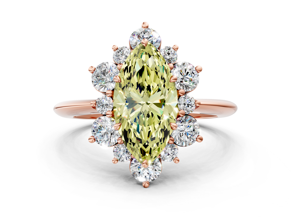Rose gold Fancy Yellow Marquise  Diamond Cluster Halo Ring with Solitaire Band and Four-Prong Setting