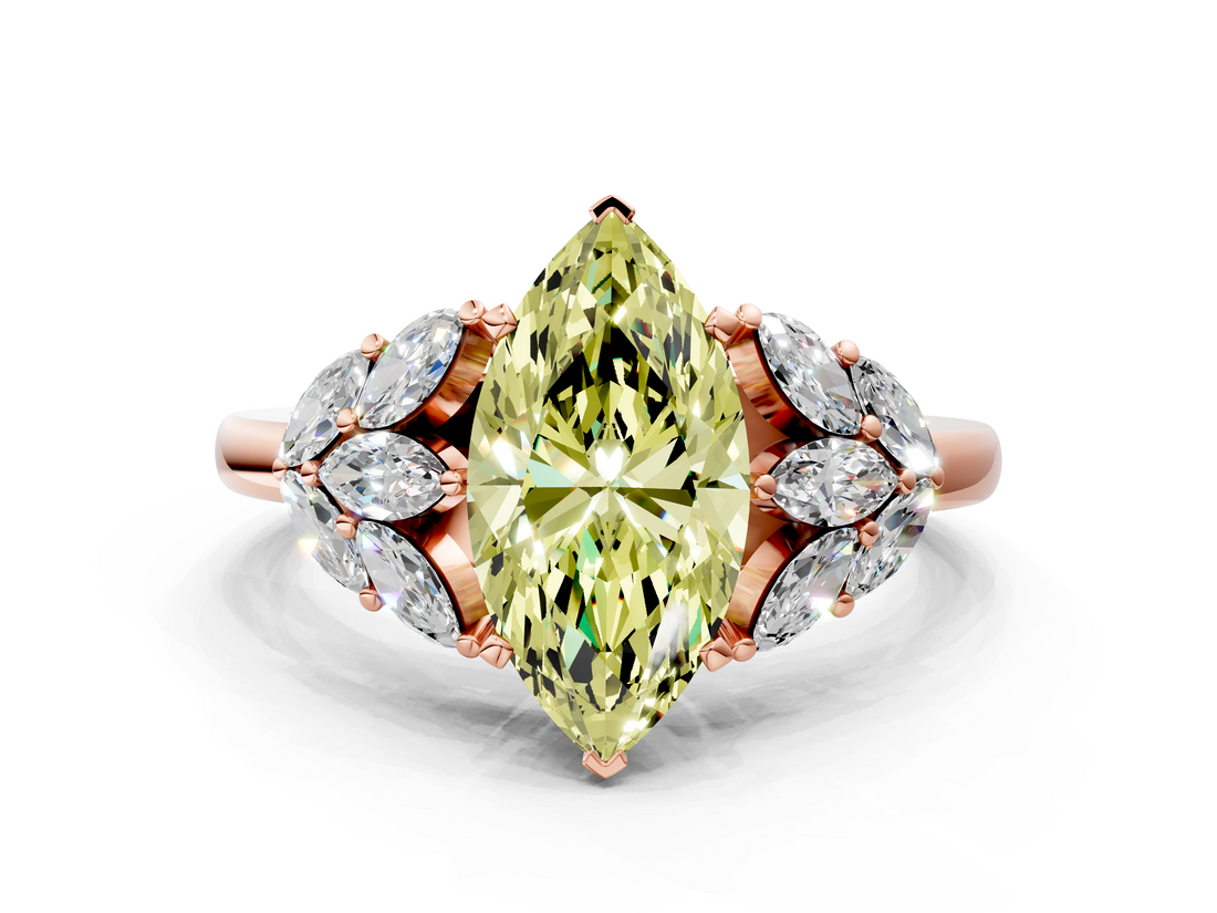 Rose gold Fancy Yellow Marquise  Diamond Cluster Leaf Design Ring with Prong Setting