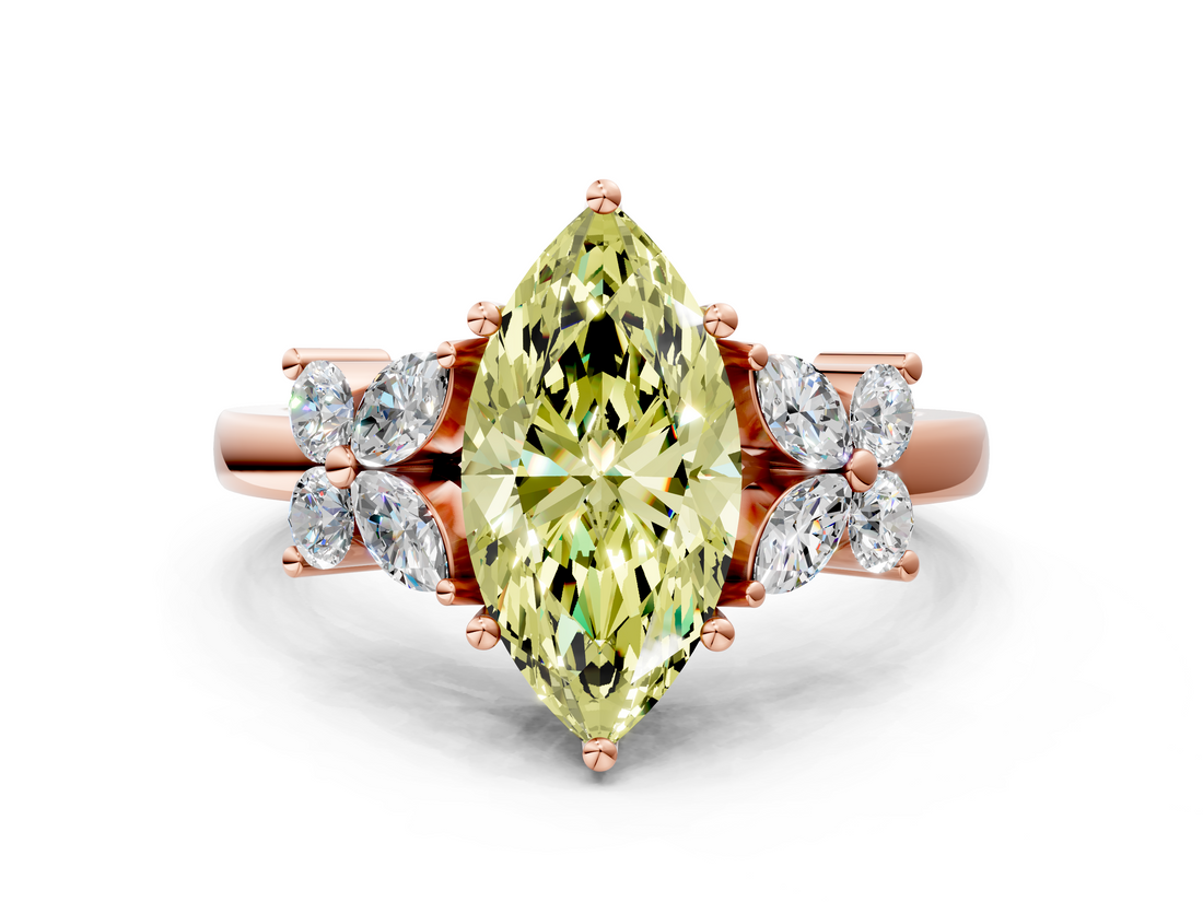 Rose gold Fancy Yellow Marquise  Diamond Floral Cluster Ring with Solitaire Band and Prong Setting