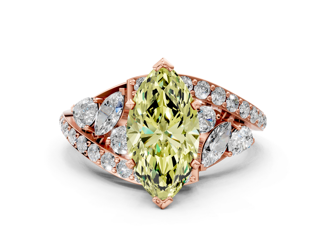 Rose gold Fancy Yellow Marquise  Diamond Halo Ring with Marquise and Pavé Band in Prong Setting