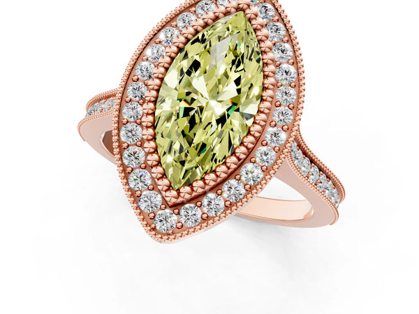 Rose gold Fancy Yellow Marquise  Diamond Halo Ring with Milgrain Frame and Pavé Band