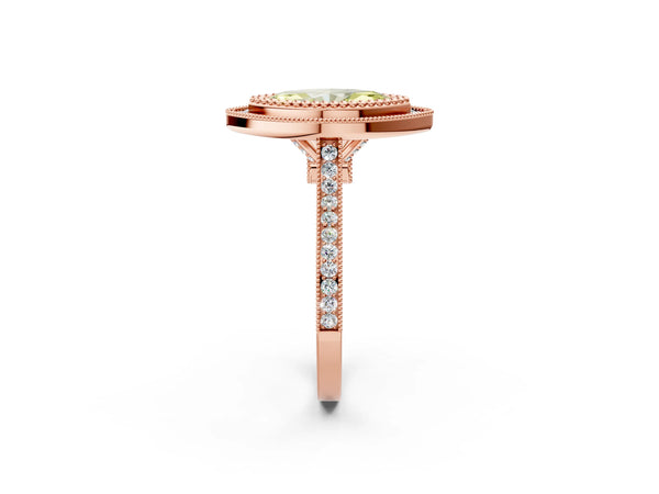 Rose gold Fancy Yellow Marquise  Diamond Halo Ring with Milgrain Frame and Pavé Band