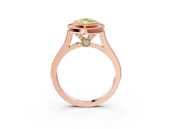 Rose gold Fancy Yellow Marquise  Diamond Halo Ring with Milgrain Frame and Pavé Band