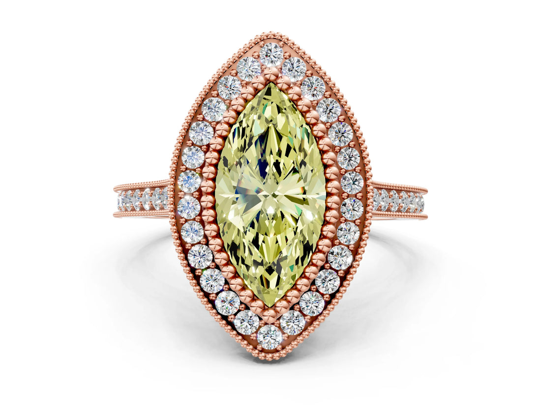 Rose gold Fancy Yellow Marquise  Diamond Halo Ring with Milgrain Frame and Pavé Band