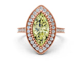 Rose gold Fancy Yellow Marquise  Diamond Halo Ring with Milgrain Frame and Pavé Band