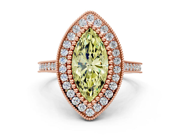 Rose gold Fancy Yellow Marquise  Diamond Halo Ring with Milgrain Frame and Pavé Band