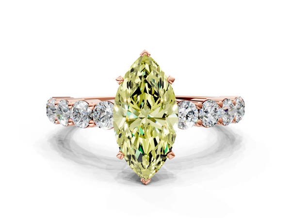 Rose gold Fancy Yellow Marquise  Diamond Solitaire Ring with Shared Prong Round Side Stones