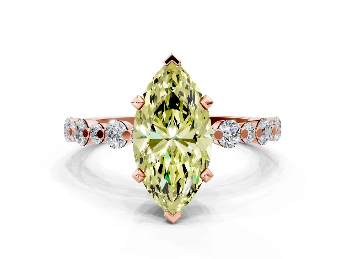 Rose gold Fancy Yellow Marquise  Diamond Prong Set Engagement Ring with Pave Band