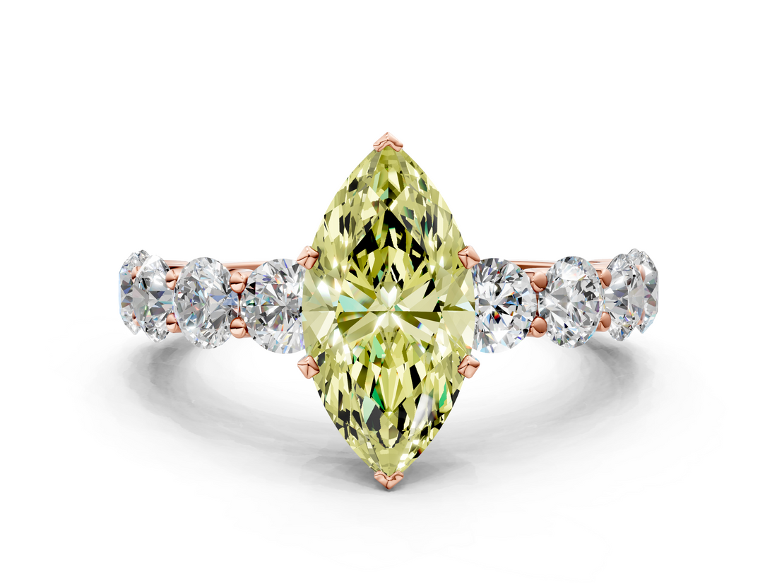 Rose gold Fancy Yellow Marquise  Diamond Prong Setting with Side Stones on a Pave Band