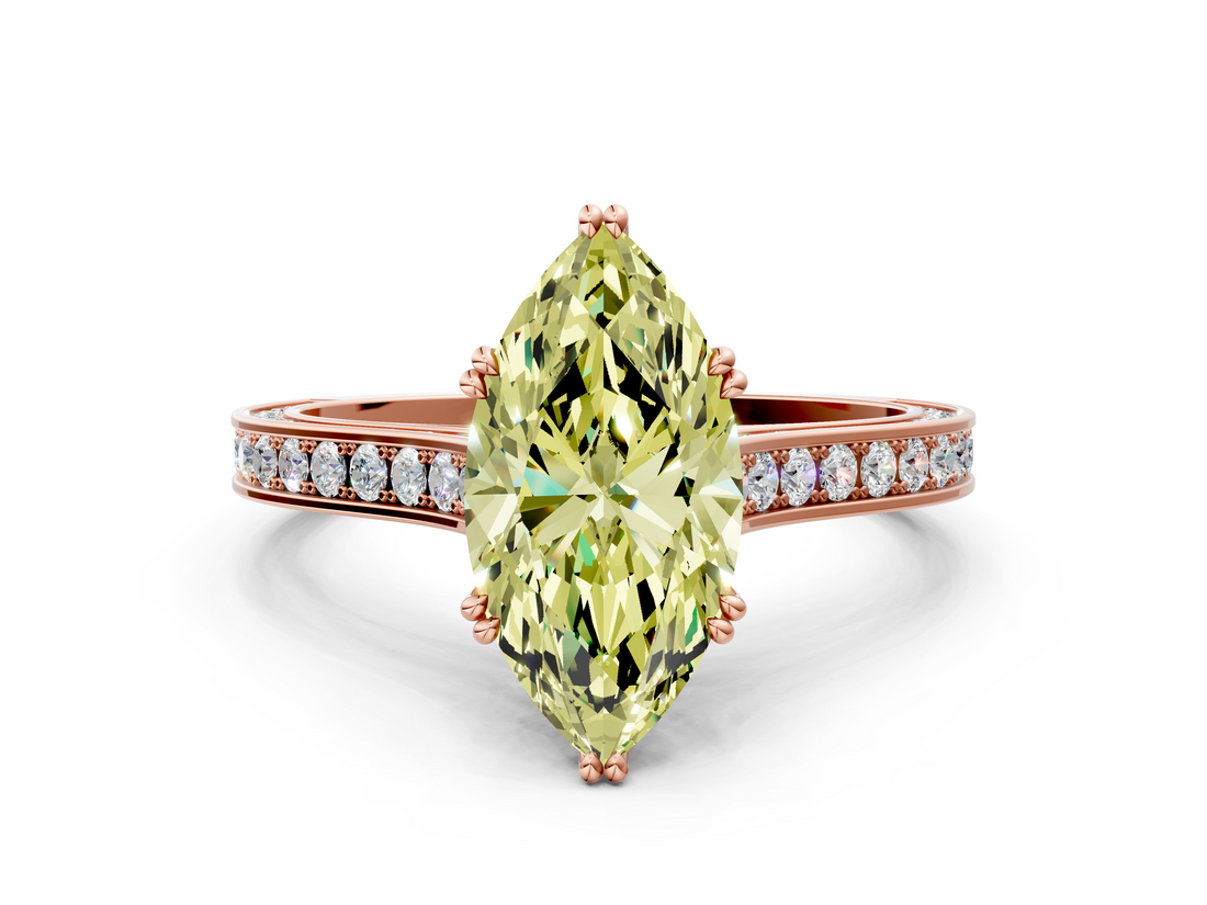 Rose gold Fancy Yellow Marquise  Diamond Solitaire with Pave Band and Six-Prong Setting