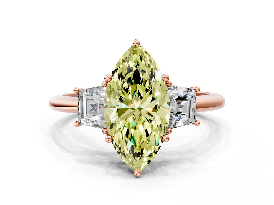 Rose gold Fancy Yellow Marquise  Diamond Three-Stone Ring with Trapezoid Side Stones and Prong Setting