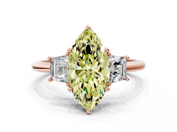 Rose gold Fancy Yellow Marquise  Diamond Three-Stone Ring with Trapezoid Side Stones and Prong Setting