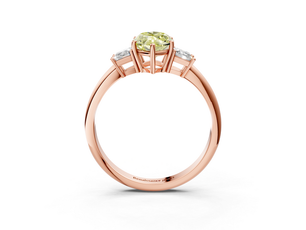 Rose gold Fancy Yellow Marquise  Diamond Three-Stone Ring with Trapezoid Side Stones and Prong Setting