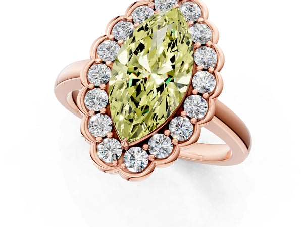 Rose gold Fancy Yellow Marquise  Halo Cluster Diamond Engagement Ring with Solitaire Band and Prong Setting