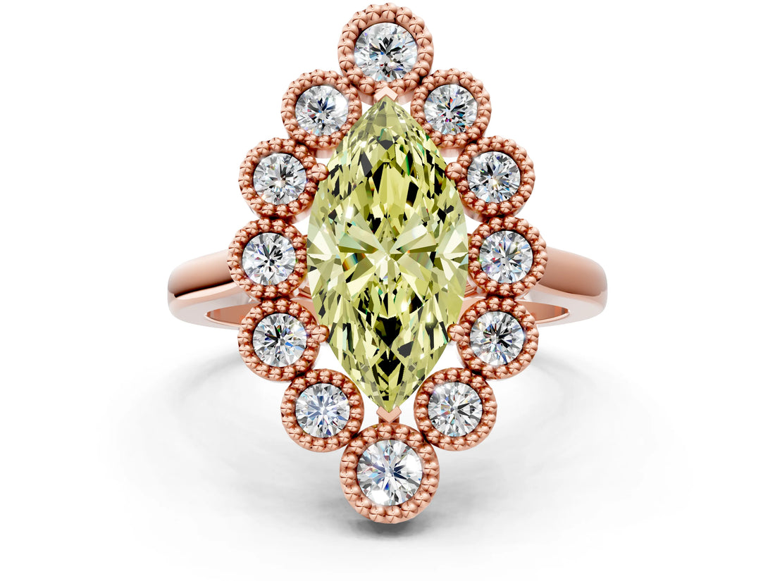Rose gold Fancy Yellow Marquise  Halo Diamond Cluster Engagement Ring with Milgrain Bezel Setting and Solitaire Band_26