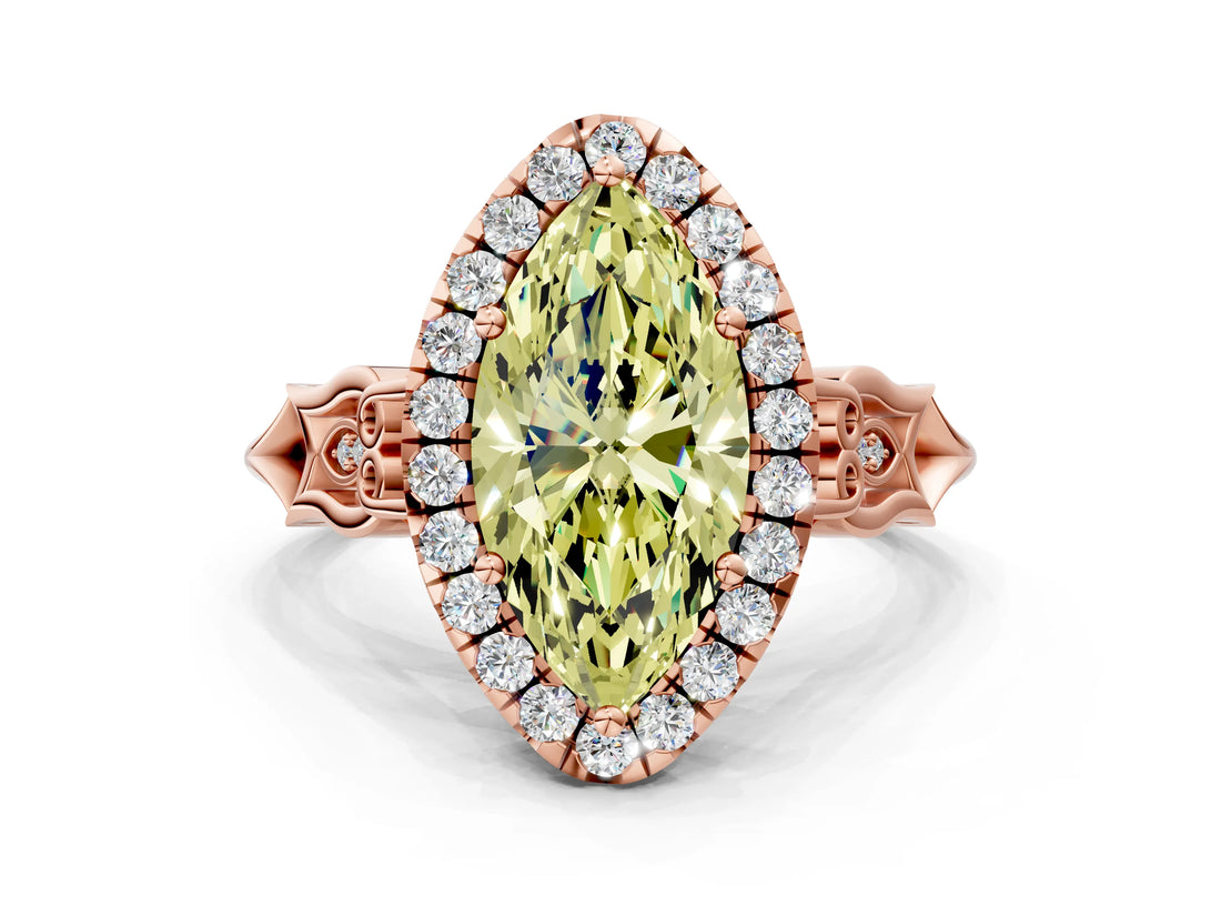 Rose gold Fancy Yellow Marquise  Halo Diamond Engagement Ring with Filigree Band and Four-Prong Setting_81