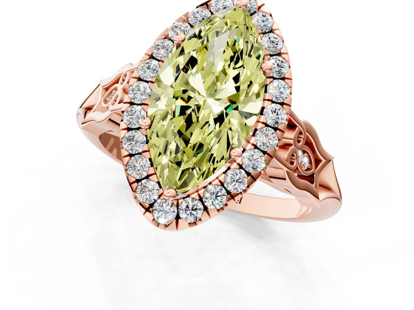 Rose gold Fancy Yellow Marquise  Halo Diamond Engagement Ring with Filigree Band and Four-Prong Setting