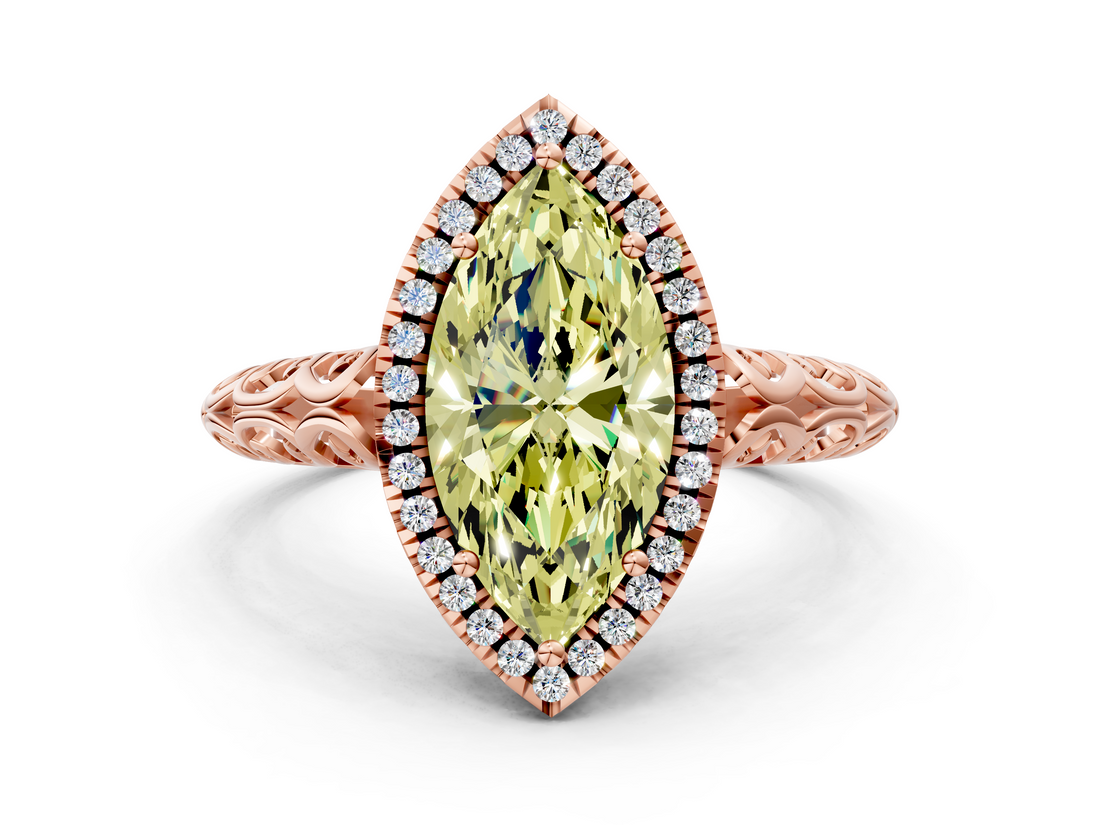 Rose gold Fancy Yellow Marquise  Halo Diamond Engagement Ring with Intricate Filigree Band and Four-Prong Setting_17