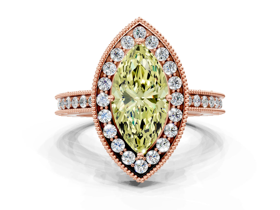 Rose gold Fancy Yellow Marquise  Halo Diamond Engagement Ring with Milgrain Pave Band and Four-Prong Setting_159