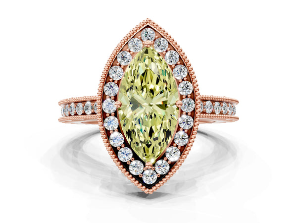 Rose gold Fancy Yellow Marquise  Halo Diamond Engagement Ring with Milgrain Pave Band and Four-Prong Setting