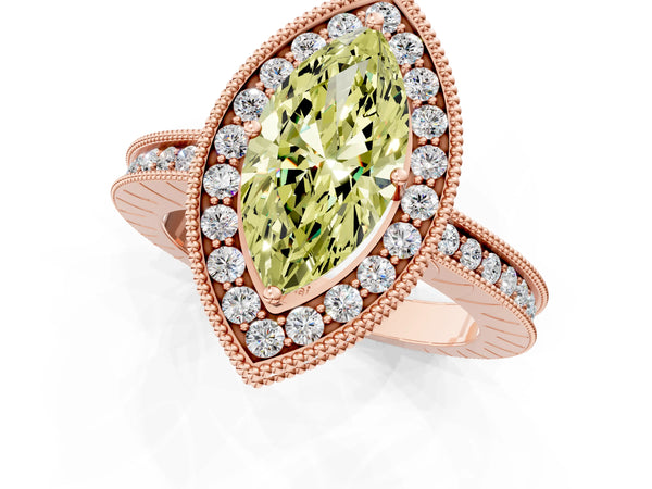 Rose gold Fancy Yellow Marquise  Halo Diamond Engagement Ring with Milgrain Pave Band and Four-Prong Setting