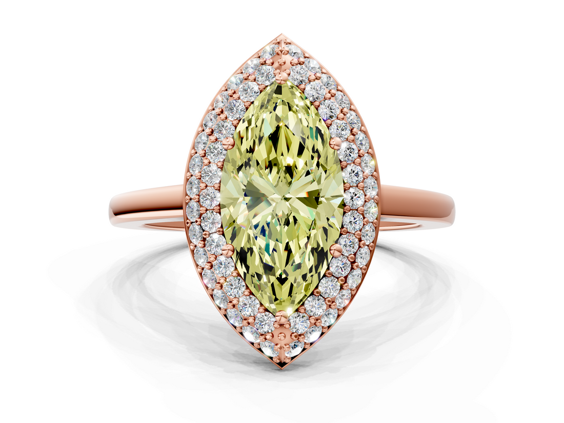 Rose gold Fancy Yellow Marquise  Halo Diamond Engagement Ring with Solitaire Band and Four-Prong Setting