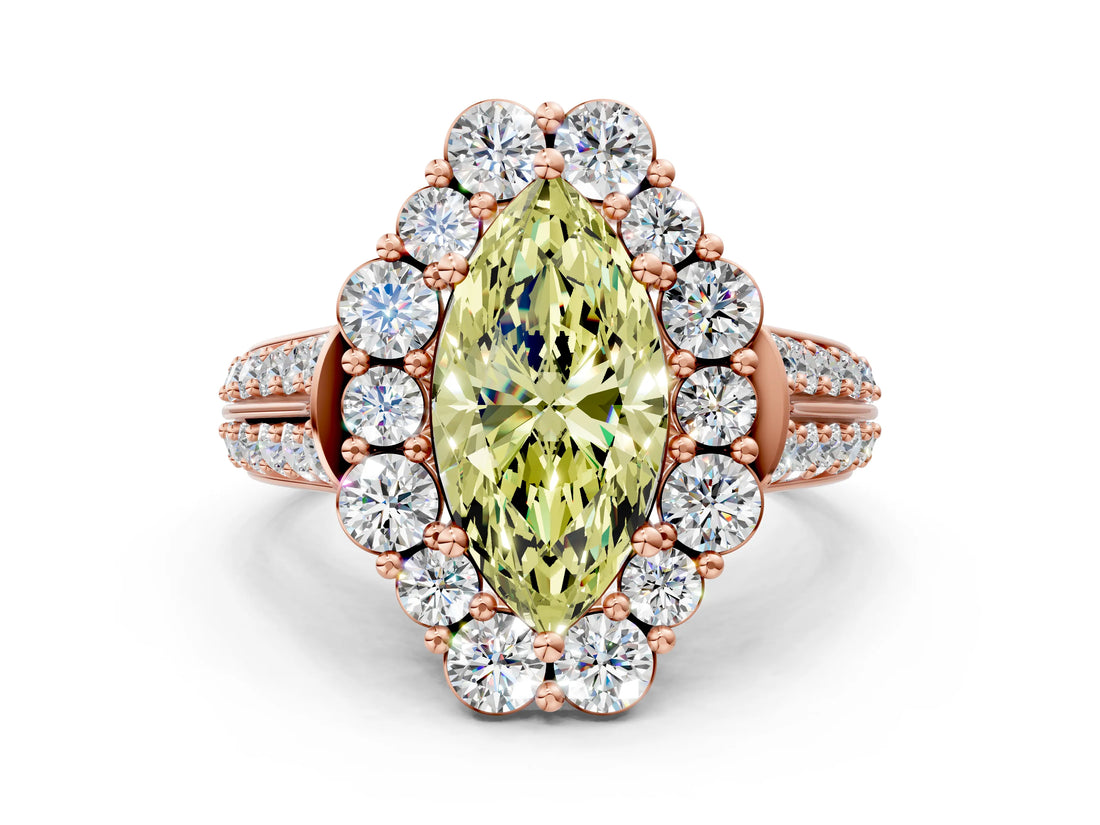 Rose gold Fancy Yellow Marquise  Halo Diamond Engagement Ring with Split Shank and Prong Setting_28