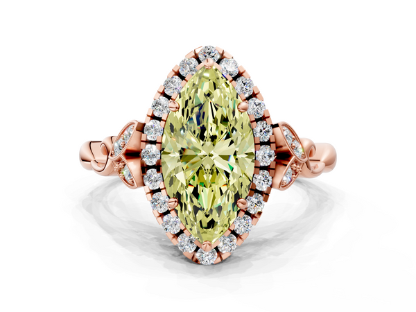 Rose gold Fancy Yellow Marquise  Halo Diamond Engagement Ring with Vintage-Inspired Band and Four-Prong Setting
