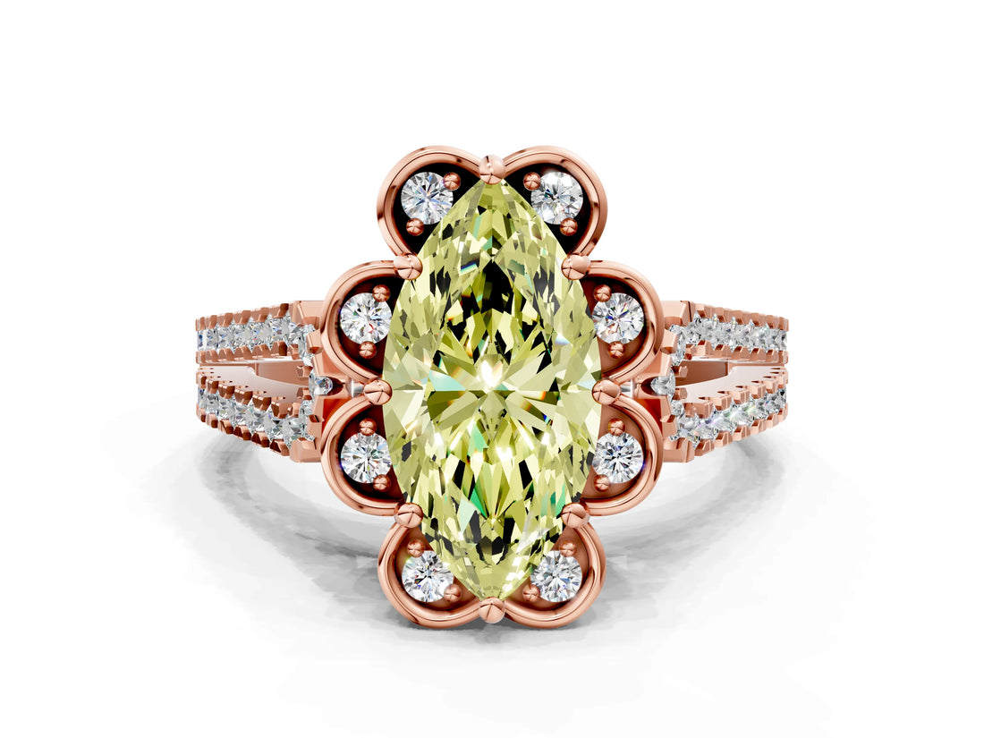 Rose gold Fancy Yellow Marquise  Halo Diamond Floral Split Shank Engagement Ring 2