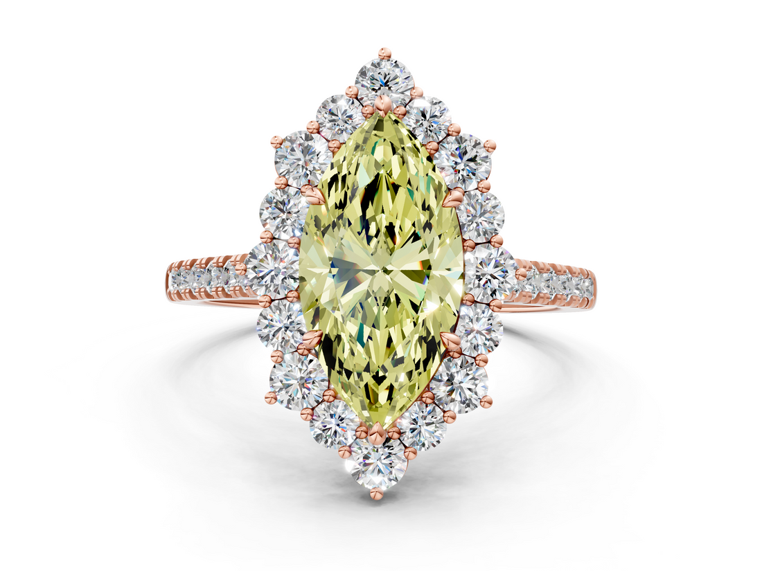 Rose gold Fancy Yellow Marquise  Halo Diamond Ring with Pavé Band and Prong Setting_16