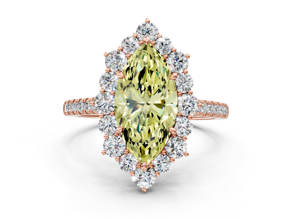Rose gold Fancy Yellow Marquise  Halo Diamond Ring with Pavé Band and Prong Setting