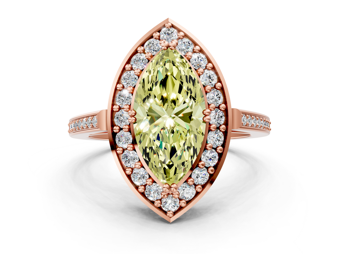 Rose gold Fancy Yellow Marquise  Halo Diamond Ring with Split Shank and Four-Prong Setting