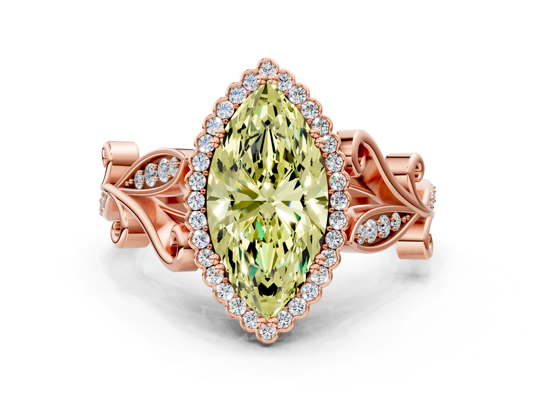 Rose gold Fancy Yellow Marquise  Halo Diamond Ring with Vintage Split Shank and Four-Prong Setting