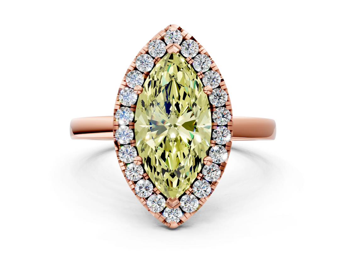 Rose gold Fancy Yellow Marquise  Halo Diamond Solitaire with Pavé Band and Four-Prong Setting