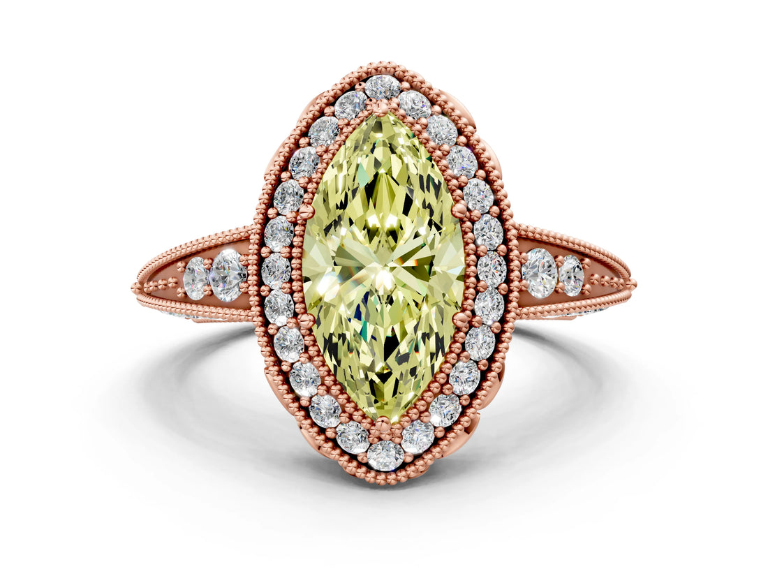 Rose gold Fancy Yellow Marquise  Halo Diamond Split Shank Ring with Milgrain Detail_29