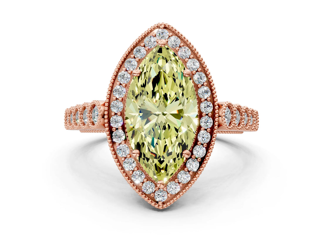 Rose gold Fancy Yellow Marquise  Halo Milgrain Solitaire with Bezel Set Side Stones and Pave Band_33
