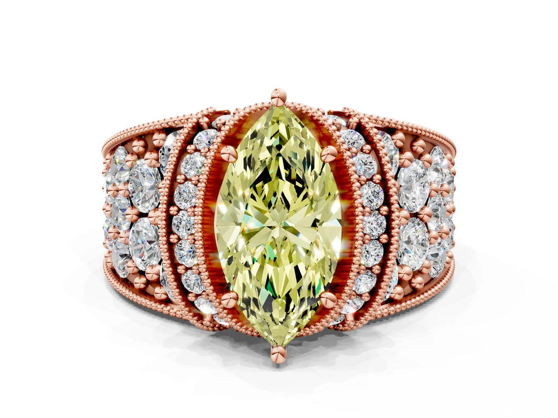 Rose gold Fancy Yellow Marquise  Halo Pave Diamond Engagement Ring with Milgrain Detailing_29