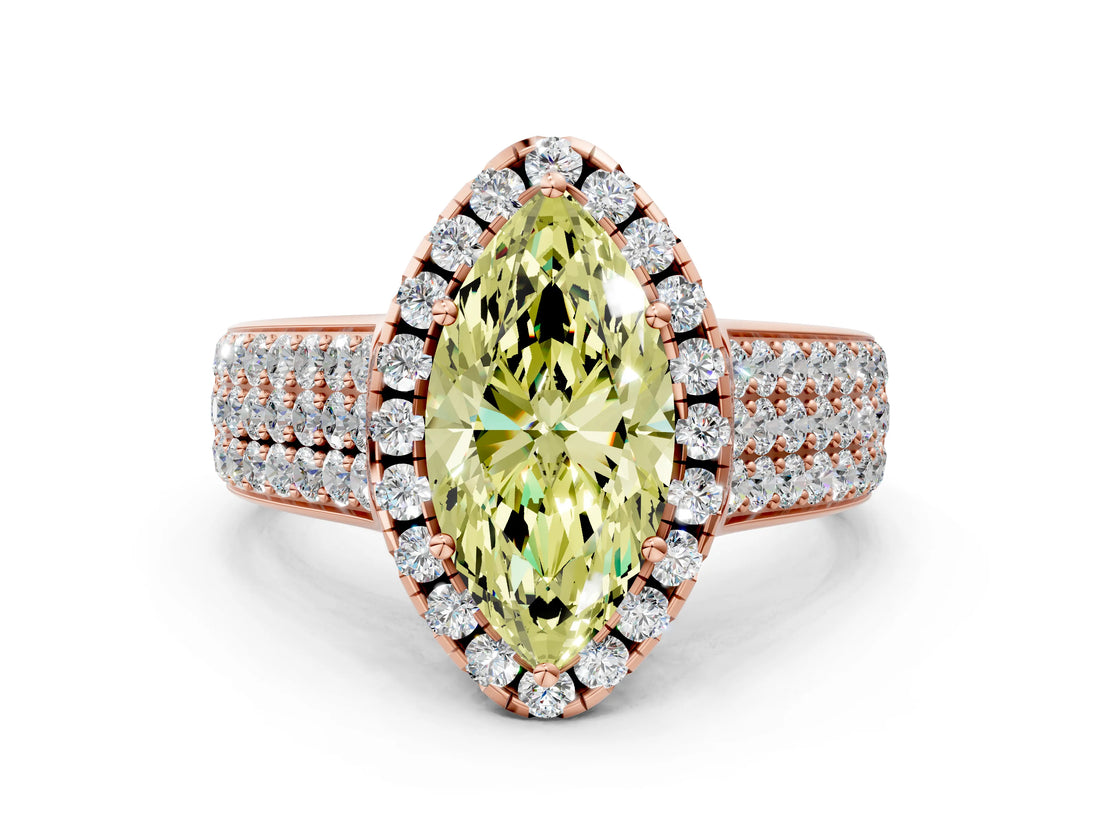 Rose gold Fancy Yellow Marquise  Halo Round Diamond Pave Band with Prong Setting