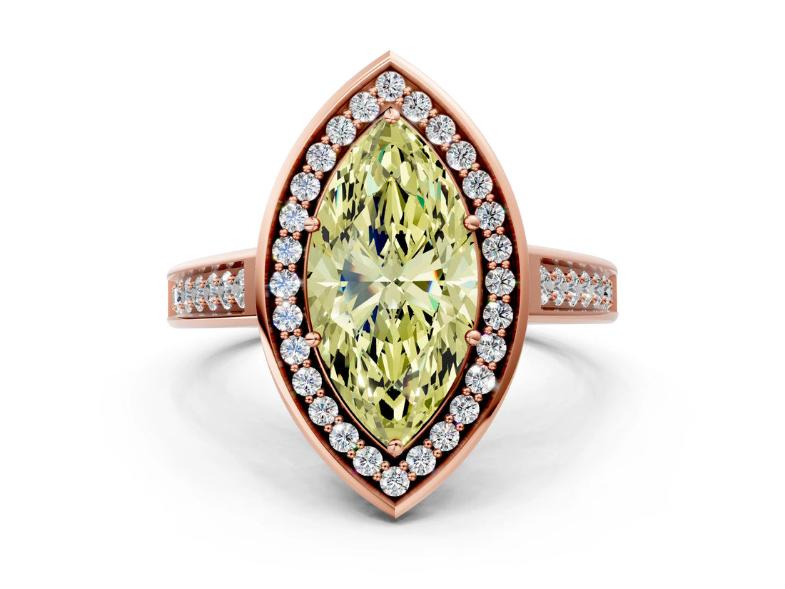 Rose gold Fancy Yellow Marquise  Halo Solitaire Diamond Ring with Pave Band and Bezel Setting_28