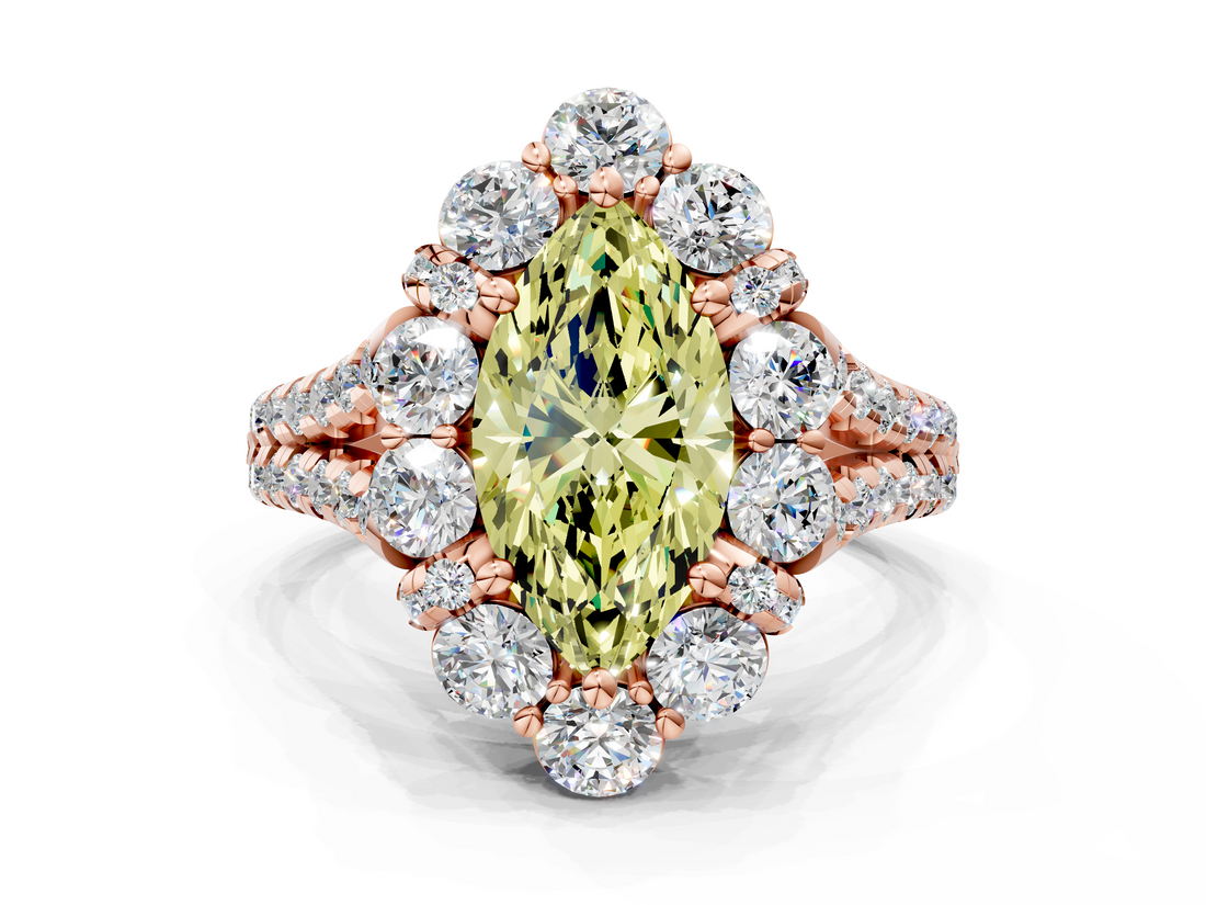 Rose gold Fancy Yellow Marquise  Halo Split Shank Diamond Engagement Ring with Pave Band and Four-Prong Setting