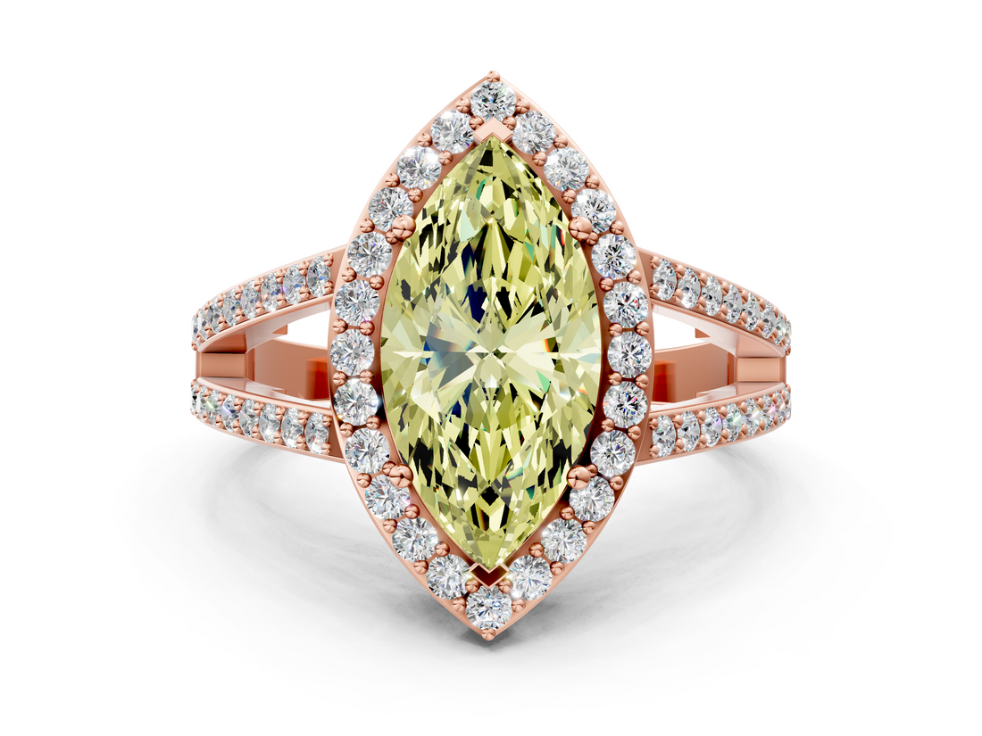 Rose gold Fancy Yellow Marquise  Halo Split Shank Diamond Ring with Four-Prong Setting