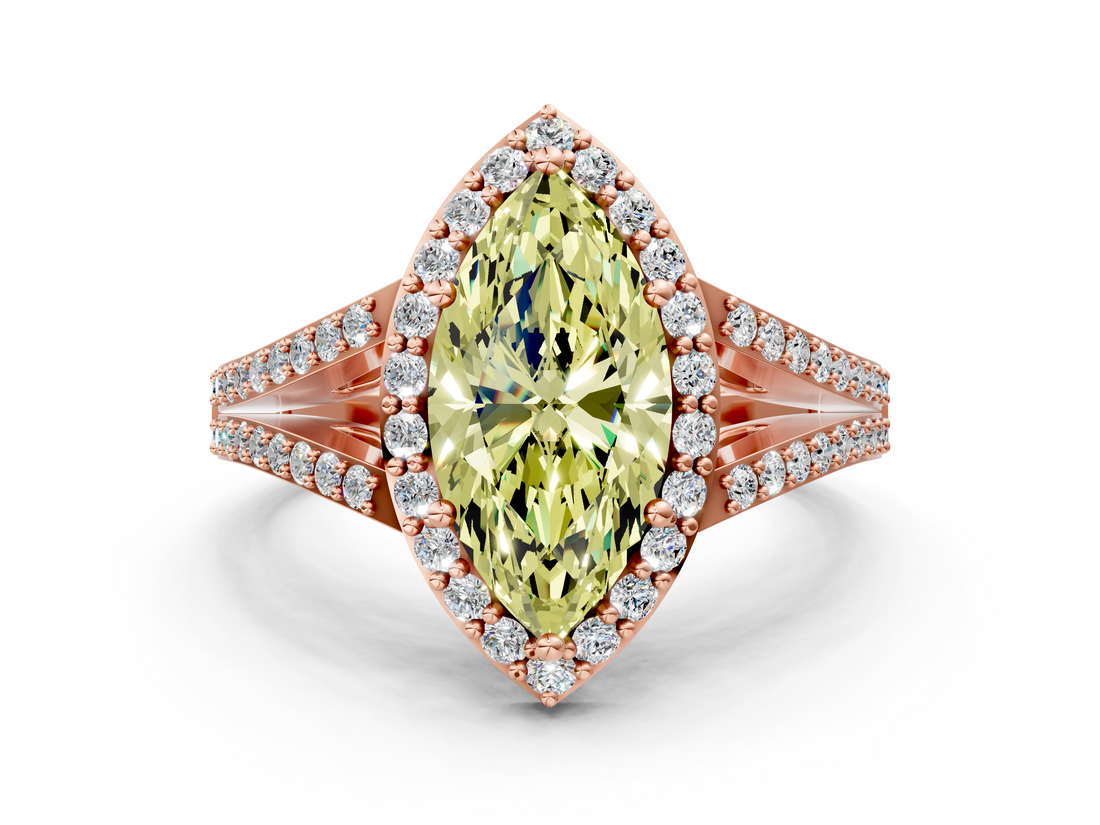 Rose gold Fancy Yellow Marquise  Halo Split Shank Diamond Ring with Prong Setting