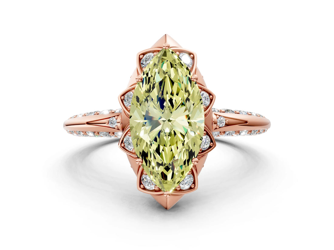 Rose gold Fancy Yellow Marquise  Halo Split Shank Pave Diamond Ring with Petal Prong Setting_20