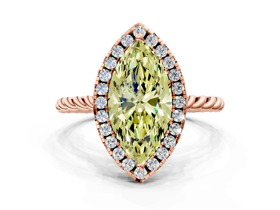 Rose gold Fancy Yellow Marquise  Halo Twisted Band Four-Prong Diamond Ring