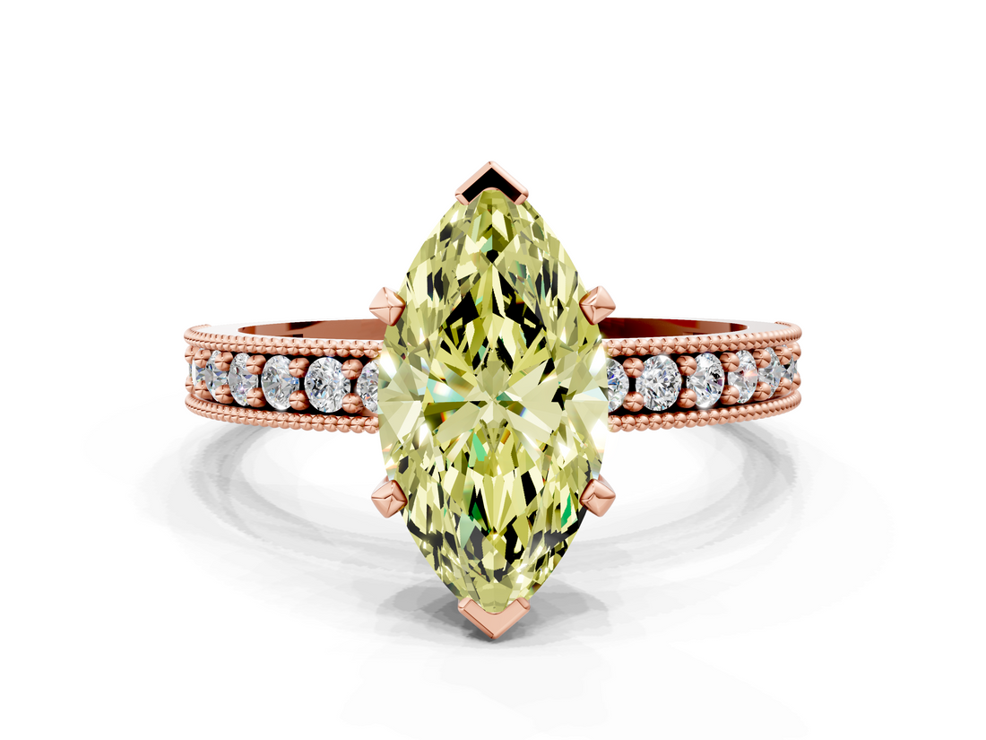 Rose gold Fancy Yellow Marquise  Milgrain Pave Diamond Engagement Ring with Four-Prong Setting